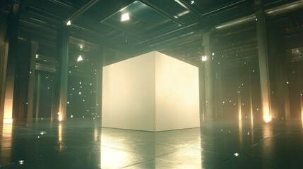 Wall Mural - A glowing cube in a dimly lit industrial space, surrounded by soft light and particles.