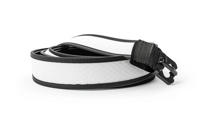 A simple and distinct belt is prominently displayed all alone on a clean, expansive white background. The belt's design, texture, and details are clearly visible, making it a focal point. This unclutt