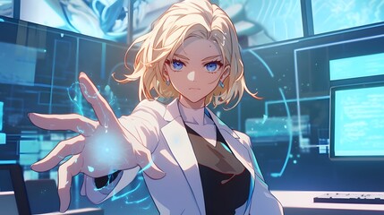 Wall Mural - a beautiful woman with long blonde hair and blue eyes, wearing a white shirt under a navy blazer. sh