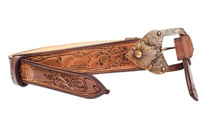 A simple and distinct belt is prominently displayed all alone on a clean, expansive white background. The belt's design, texture, and details are clearly visible, making it a focal point. This unclutt
