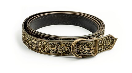 A simple and distinct belt is prominently displayed all alone on a clean, expansive white background. The belt's design, texture, and details are clearly visible, making it a focal point. This unclutt