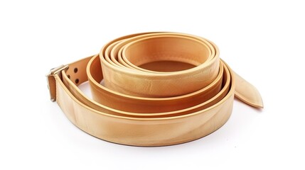 A simple and distinct belt is prominently displayed all alone on a clean, expansive white background. The belt's design, texture, and details are clearly visible, making it a focal point. This unclutt