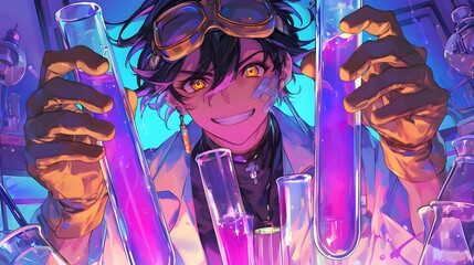 Wall Mural - a happy young scientist with black hair and yellow eyes, wearing goggles and holding up test tubes i