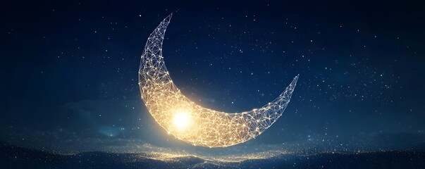 Wall Mural - glowing crescent moon constructed from connected nodes and lines shines