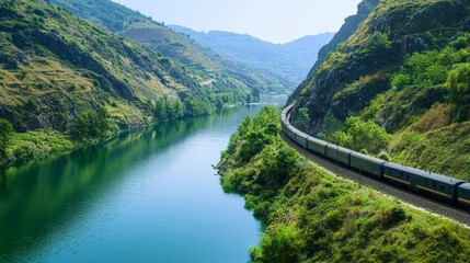 Wall Mural - Scenic Train Journey Along Winding River Through Lush Green Hills