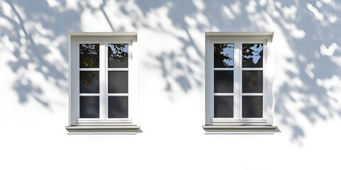 Wall Mural - Architectural Harmony: Two symmetrical windows grace a simple facade, their pristine frames mirroring the natural patterns of light and shadow.