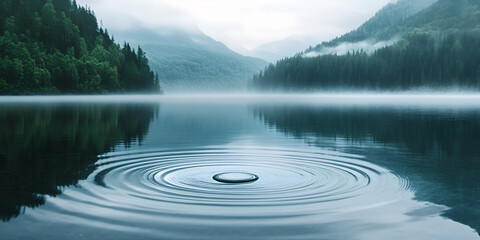 Wall Mural - Tranquil Ripple: Serene landscape featuring a lake with a water ripple. Mountains and mist add to the atmosphere