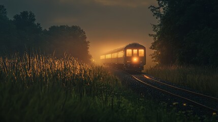 Wall Mural - Serene Evening Train Ride Through Lush Green Landscape at Sunset