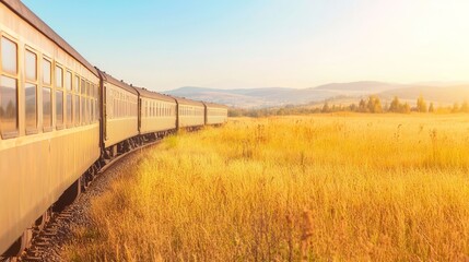 Wall Mural - Scenic Train Journey Through Golden Fields Under Clear Blue Sky