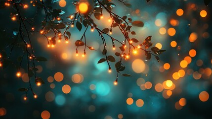 Poster - Fairy lights illuminate tree branch, bokeh background, night, magical, festive