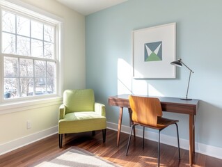 Sticker - A cozy and modern living space in an urban apartment, featuring a bright, light blue wall, a small work desk, and a green armchair on a dark wood floor. 