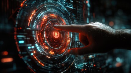 Man activates futuristic interface; dark background