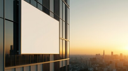 Wall Mural - A large white billboard positioned on the side of a sleek, modern glass office building, with a bright city skyline in the distance. 