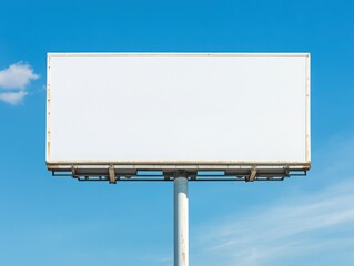 Wall Mural - A wide horizontal blank billboard placed at the top of a contemporary building, with clear blue skies and a few scattered clouds in the background. 