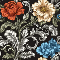 Wall Mural - Floral pattern with vibrant flowers and leaves