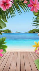 Wall Mural - tropical beach with vibrant flowers and clear blue sea