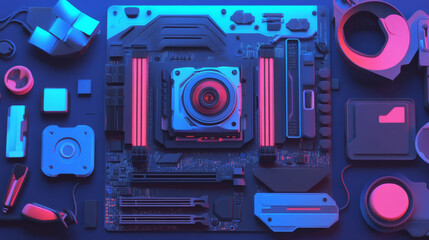 Motherboard with tech components in neon lighting