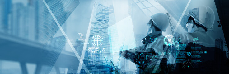 Fototapete - Professional construction engineer at site. Industrial innovation technology in modern engineering, the use of advanced tools and digital planning for smart solution in real estate development.