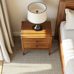 Sticker - A top-down shot of a nightstand in a hotel room, with a stylish lamp on top. 