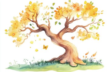 Wall Mural - A whimsical watercolor illustration of a vibrant yellow tree, showcasing autumn leaves with butterflies fluttering around, evoking a sense of nature's charm.