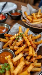 Wall Mural - Delicious Crispy Golden Fries Served on a Plate Accompanied by a Bowl of Rich Savory Dipping Sauce