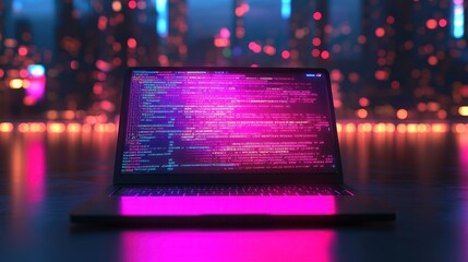 Laptop coding futuristic city night background
