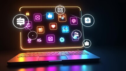 A glowing laptop with vibrant app icons, representing digital connectivity and technology.