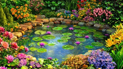 Wall Mural - Vibrant Garden Water Lily Pond Surrounded by Colorful Flowers and Lush Greenery in a Serene Natural Setting