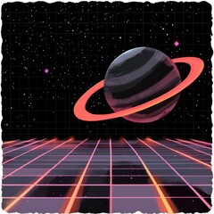 Wall Mural - retro futuristic planet with rings over grid landscape