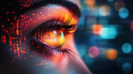 Woman's eye, digital data reflection, futuristic city backdrop, tech concept