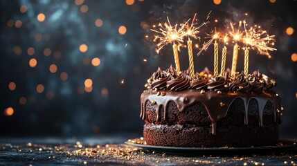 Wall Mural - Festive Chocolate Cake with Sparklers, Bokeh Background