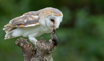 Wall Mural - Barn owl with prey on a branch.