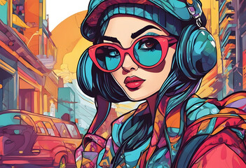 A vibrant, colorful illustration of a young woman wearing oversized sunglasses and headphones, set against a stylized urban background with retro cars and bright colors.