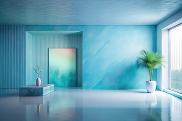 Wall Mural - Serene Aqua Interior Design Minimalist Room with Vertical Lines, Artwork, and Lush Greenery