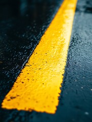 Canvas Print - Wet asphalt road with yellow line, close-up view showing rain droplets.