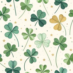 Wall Mural - A seamless pattern of green clovers of various shapes and sizes, some with three leaves and others with four, scattered across a light cream or off-white background. There are subtle specks or dots in