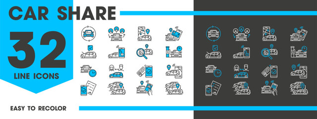 car share service linear icons of carpool ride and vehicle rental vector carsharing pictograms. car 