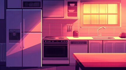 Wall Mural - Night Kitchen Scene, Warm Light, Interior, Still Life