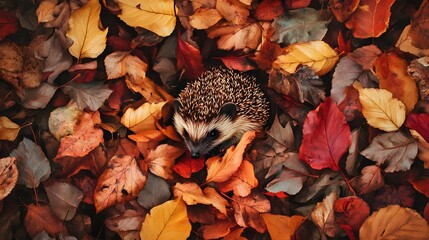 Wall Mural - A hedgehog hiding in autumn leaves