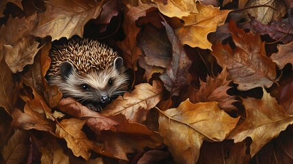 Wall Mural - A hedgehog hiding in autumn leaves