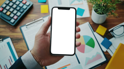 Wall Mural - Advertising of a mobile financial reporting application. Close-up of a white businessman holding a cell phone with a white screen against his desktop background. Table is littered with reports