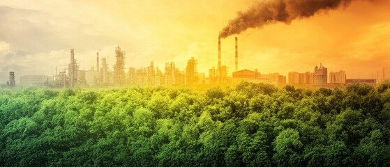 Canvas Print - A factory skyline looms over a lush forest, contrasting industrial pollution with natural beauty at sunset.