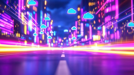 Sticker - A vibrant, futuristic cityscape at night with neon lights and stylized clouds, conveying a sense of motion and technology.