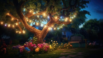 Wall Mural - magical string lights tree