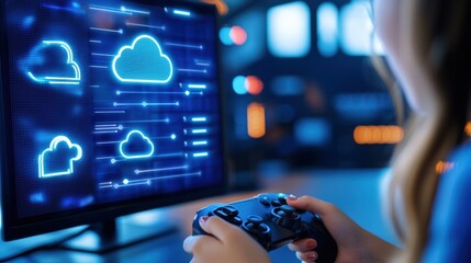 Wall Mural - A person uses a game controller while interacting with a screen displaying cloud symbols and data streams, highlighting cloud gaming technology.