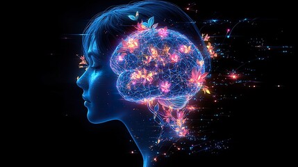 Wall Mural - human profile with botanical elements growing from the brain