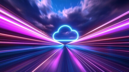 Wall Mural - A vibrant digital scene featuring a glowing cloud symbol with colorful light trails, evoking a sense of speed and connectivity in a tech-inspired landscape.