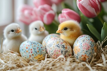 Wall Mural - Colorful Easter eggs with fluffy chicks and tulips