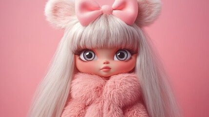 Wall Mural - Pink-furred doll, bow, studio shot, pastel backdrop, craft