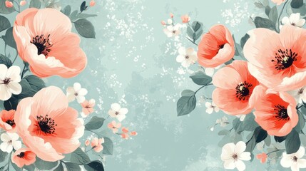 Wall Mural - Peach poppies blossom spring floral background design